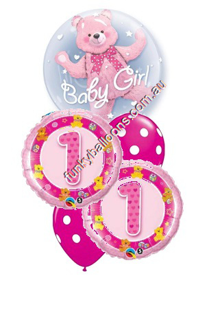 (image for) 1st Birthday Girl Bear Double Bubble Bouquet